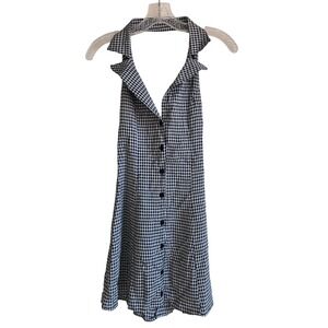 Vanessa Mooney XS Black White Gingham Halter Mini Dress Button Front Made in USA